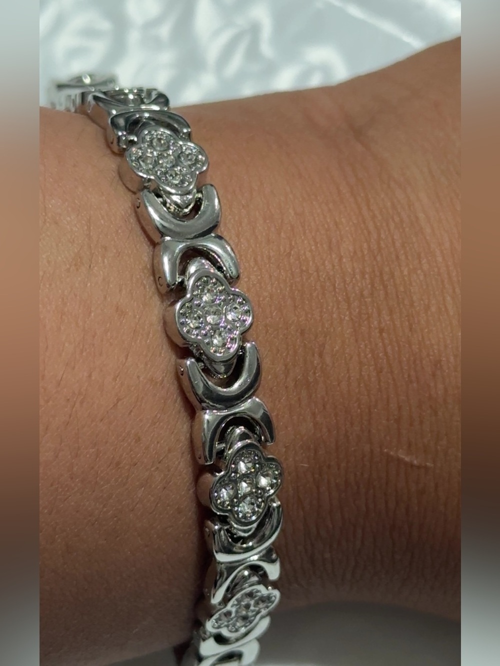 Silver Crystal Flower Link Bracelet - Women Jewelry